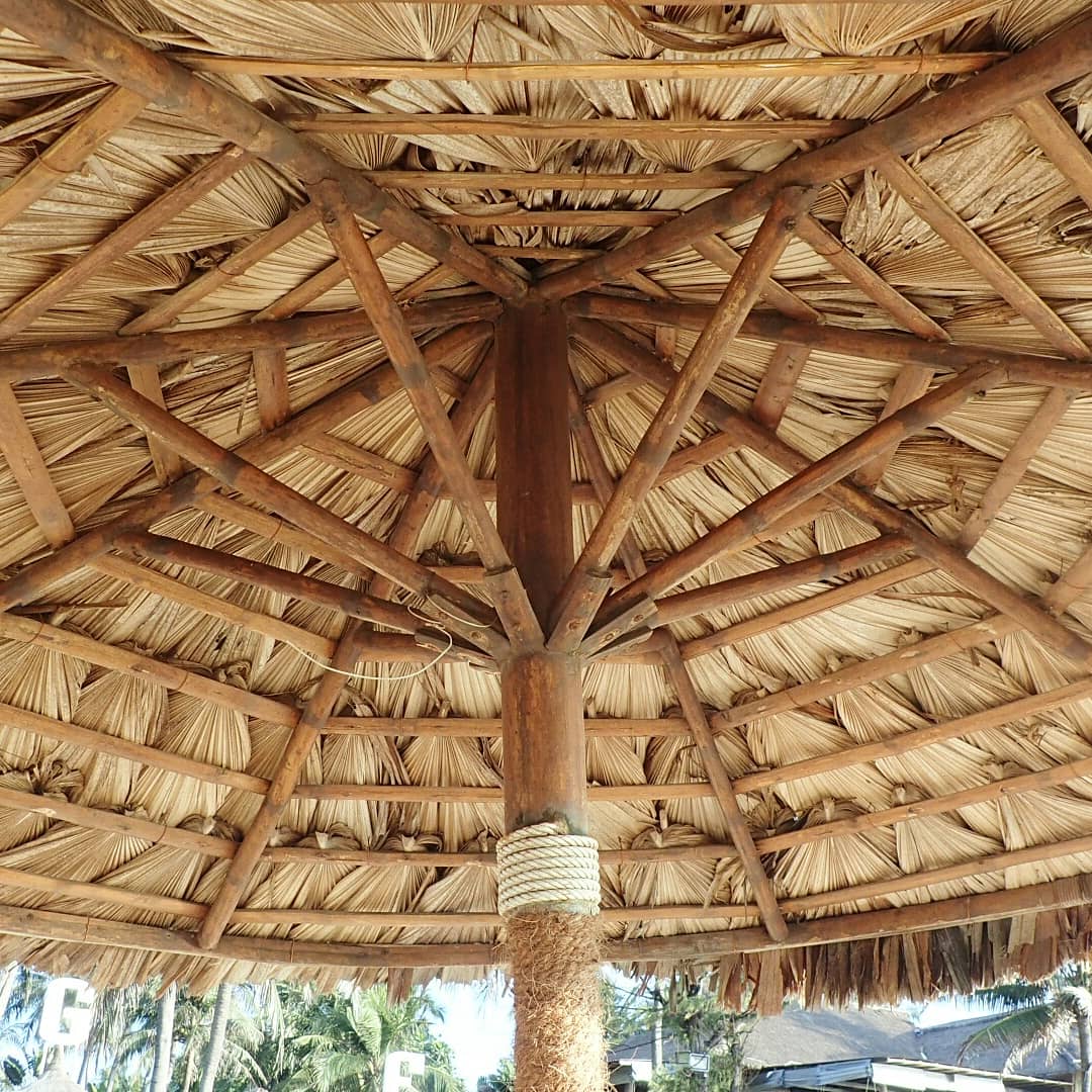 Mécanisme parasol bois et couverture végétale
