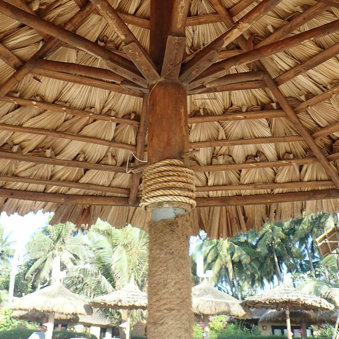 Mécanisme parasol bois et couverture végétale